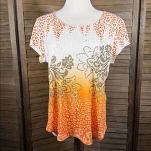 Chicos Womens Size 1 Orange White Ombre Leopard Floral Sequin Studded T-Shirt